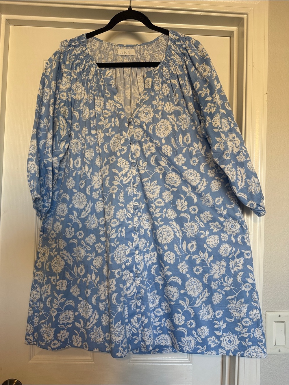 Light Blue Floral Mini Dress with Smocked Neckline